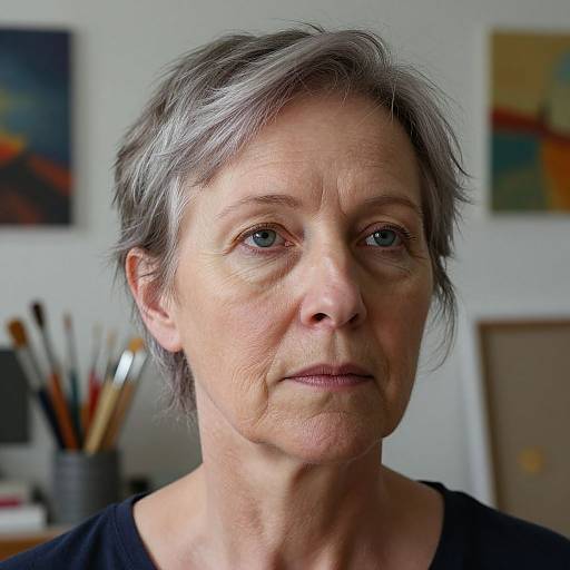 Close-up photograph of an elderly woman with short, gray hair, fair skin, blue eyes, and subtle makeup, wearing a black top, in an