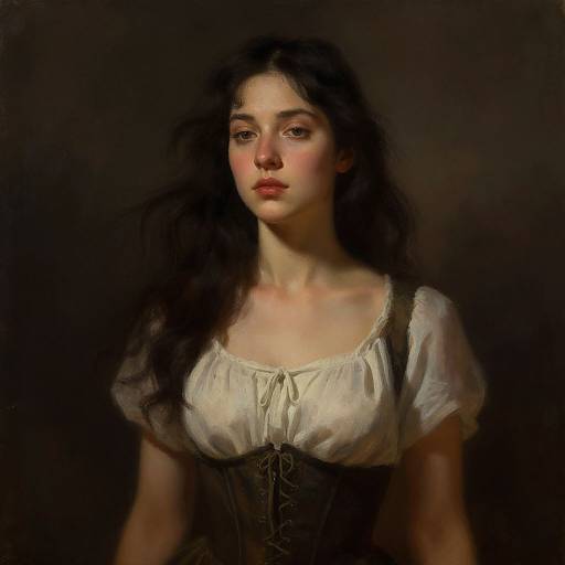 Digital painting of a young woman with long dark hair, wearing a white blouse with a laced corset, against a dark background. She has fair
