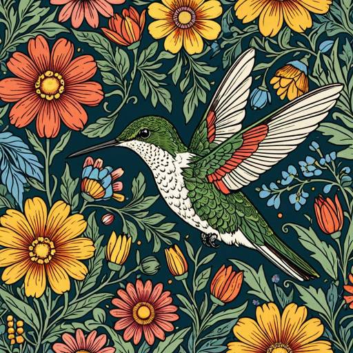Whimsical Hummingbird Among Vibrant Blooms