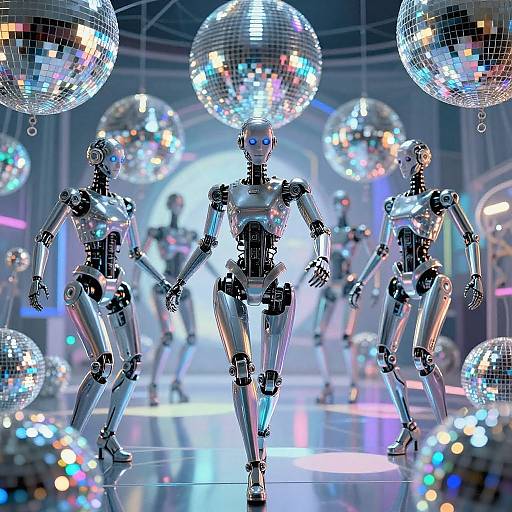 Photograph of metallic robot dancers in a mirrored disco setting, surrounded by large, reflective ball lights, under colorful stage lights.