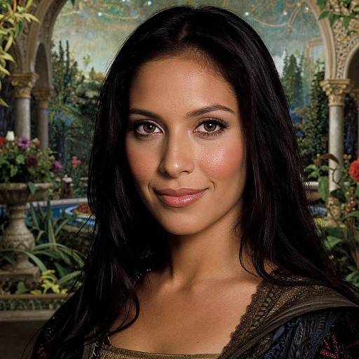 Photograph of a beautiful woman with long black hair, brown eyes, and a subtle smile, wearing a dark top, set against a lush, classical