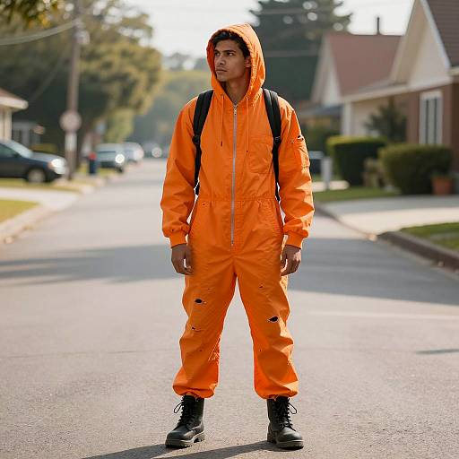 Man in Orange Jumpsuit Standing on Suburban Street