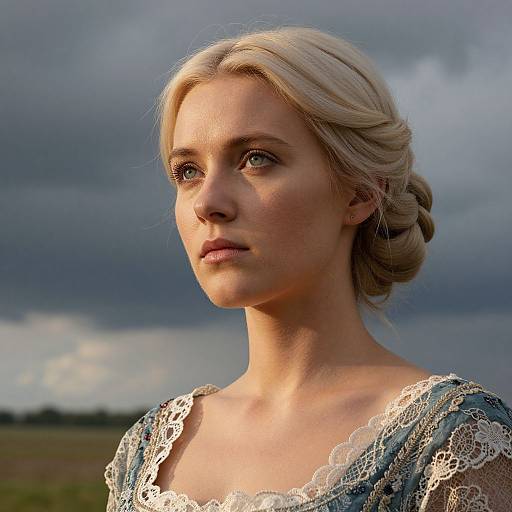 Photograph of a blonde woman with fair skin and braided hair, wearing a lace-trimmed blue dress, looking pensively into the distance under