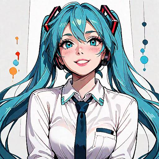 Digital anime-style drawing of Hatsune Miku with turquoise twin-tails, wearing a white shirt, black tie, and headphones, smiling against a white