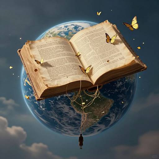 Digital artwork of a floating, open book with pages glowing, surrounded by yellow butterflies, above a glowing Earth with a silhouetted person below.