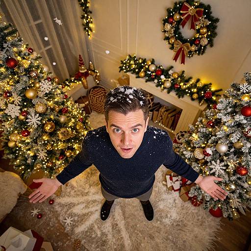 Photograph of a man with surprised expression, snowflakes on head, black sweater, standing between two decorated Christmas trees in a warmly lit, festive