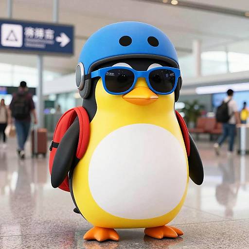 Digital illustration of a cute, cartoon penguin wearing a blue helmet, sunglasses, and a red backpack, standing in a brightly lit airport terminal.