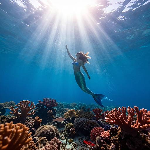 Photograph of a mermaid with flowing hair, silhouetted against sunlit blue ocean, swimming among vibrant coral reefs below.