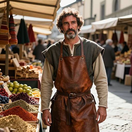 Photograph of a middle-aged, bearded man with curly hair, wearing a brown leather apron over a gray shirt, standing in a bustling outdoor