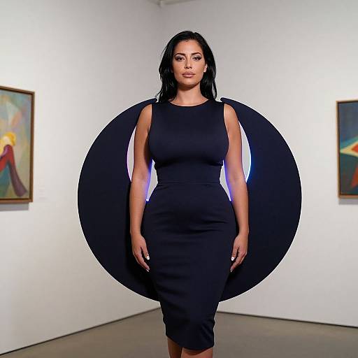 Photograph of a confident woman with dark hair in a black sleeveless dress, standing in an art gallery with circular black backdrop, framed paintings on white