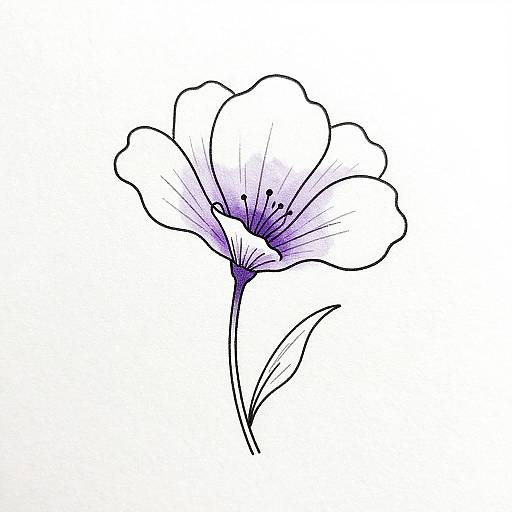 Minimalistic digital drawing of a single, delicate flower with purple accents on petals and stamens, outlined in black, on a white background.