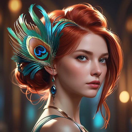 Redhead Woman with Peacock Feather Accessories