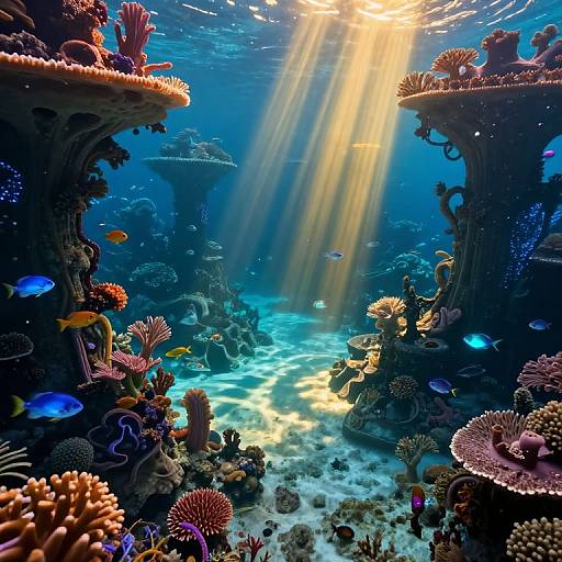 Photograph of vibrant underwater coral reef with sunlight rays illuminating colorful fish, corals, and intricate rock formations, creating a magical oceanic scene.