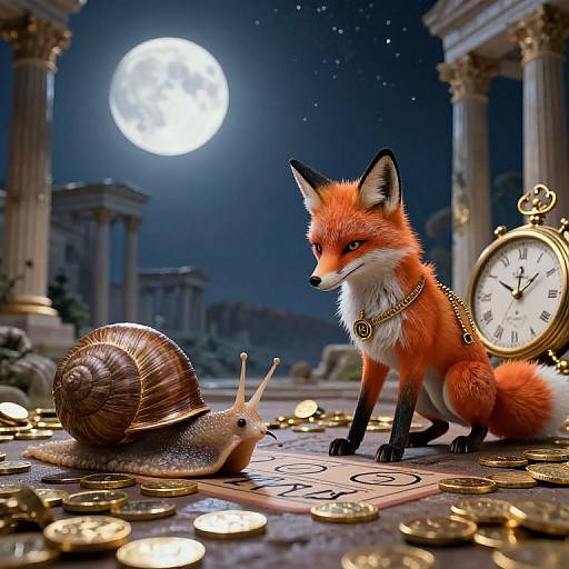 Photorealistic CGI: Fox with gold chain collar and snail on moonlit, ancient temple floor, surrounded by coins and large clock.