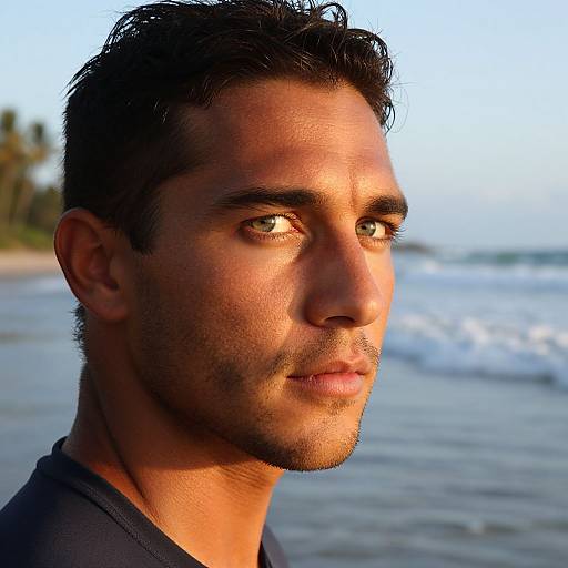 Photograph of a handsome, dark-haired man with olive skin, green eyes, and stubble, standing on a sunny beach with gentle waves in the