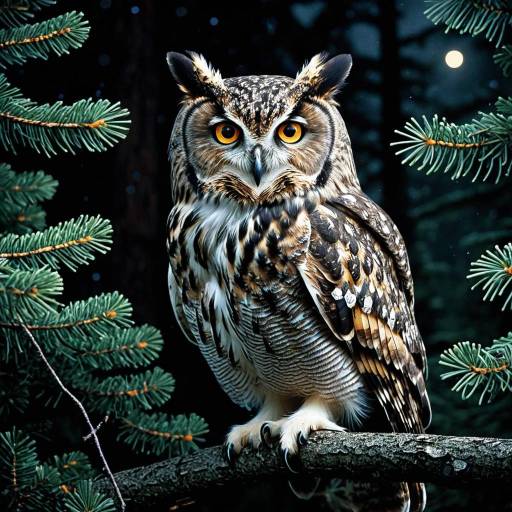 Moonlit Owl in Evergreen Forest