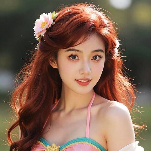 Photograph of an Asian woman with long, wavy red hair, wearing a pink and turquoise top, adorned with a white flower, smiling in bright