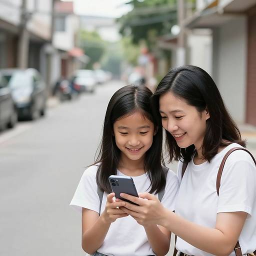 Photograph of a smiling Asian mother and daughter in white shirts, standing on a blurred street, both looking at a smartphone.