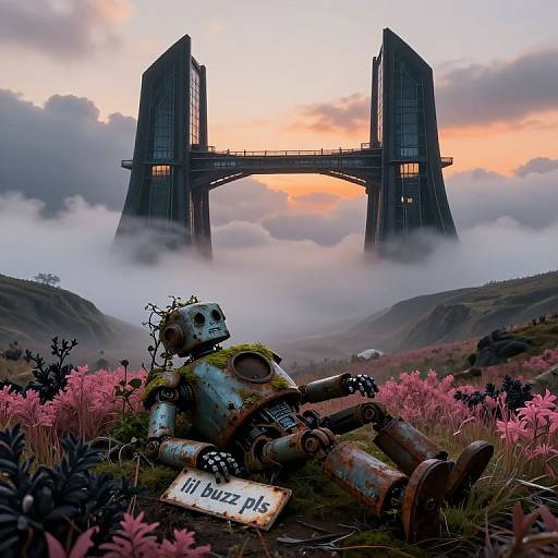 Photorealistic digital art: Rusty, moss-covered robot with skull face lies in pink flowers, 