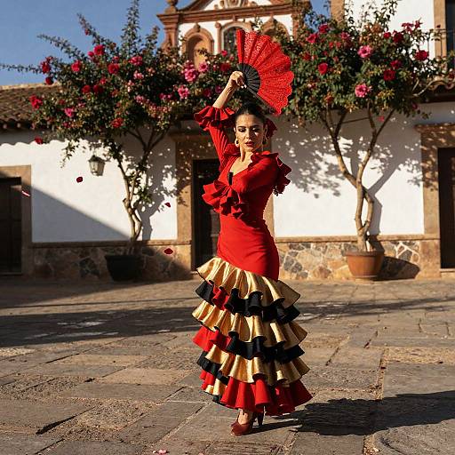 Flamenco dancer in red and gold gown
