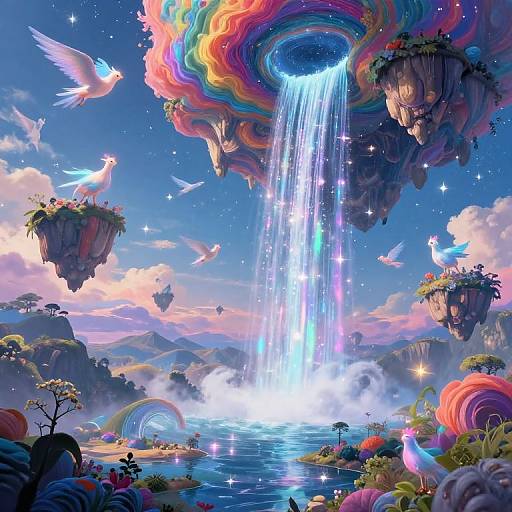 Fantasy digital art: Rainbow-tinged waterfall cascades into a magical lake, surrounded by floating islands, colorful birds, and whimsical creatures under