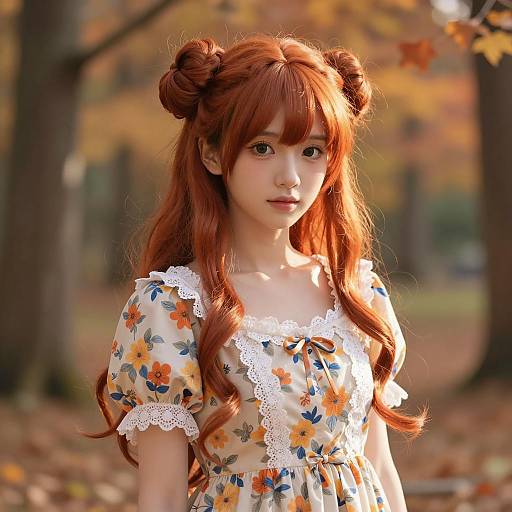 Young Woman in Floral Dress with Red Hair in Autumn Forest