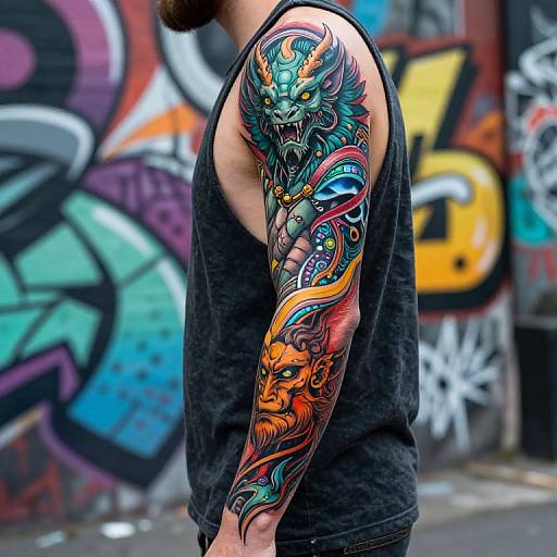 Photograph of a man in a black tank top, showcasing a vibrant, detailed, colorful sleeve tattoo of mythical creatures against a graffiti-covered urban wall.