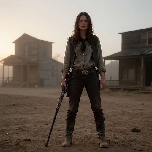 Photograph of a determined woman with long brown hair, wearing a dusty brown shirt and pants, holding a rifle, standing in a deserted, sunlit