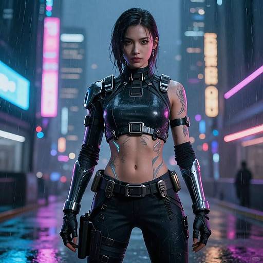 CGI cyberpunk scene of a tattooed, black-haired woman in a wet, neon-lit city street, wearing black leather armor and gloves,