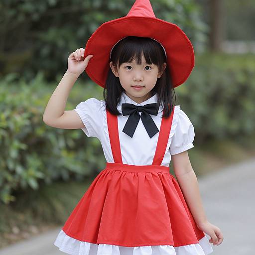 Photograph of an East Asian girl with black hair in a red witch hat, white blouse, black bow, and red pinafore dress, standing