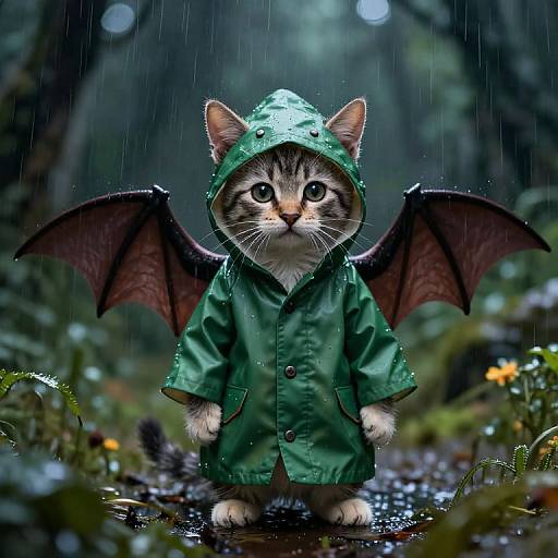 Mystical Kitten in Bat Wings Raincoat