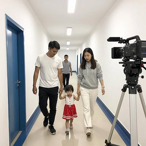 Family walking in hallway with camera setup