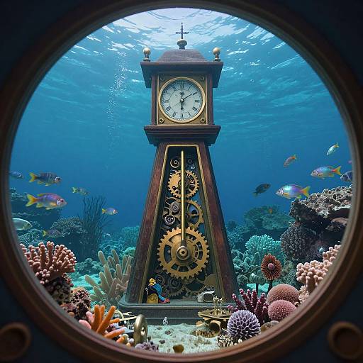 Photograph of an underwater clock with exposed gears, surrounded by colorful fish and coral, viewed through a circular porthole.