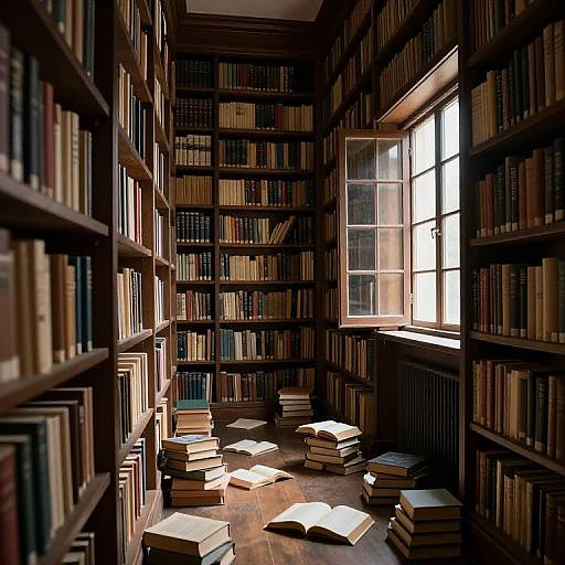 Photograph of a dimly lit, narrow library with tall wooden bookshelves on both sides, sunlight streaming through a large window, and scattered open