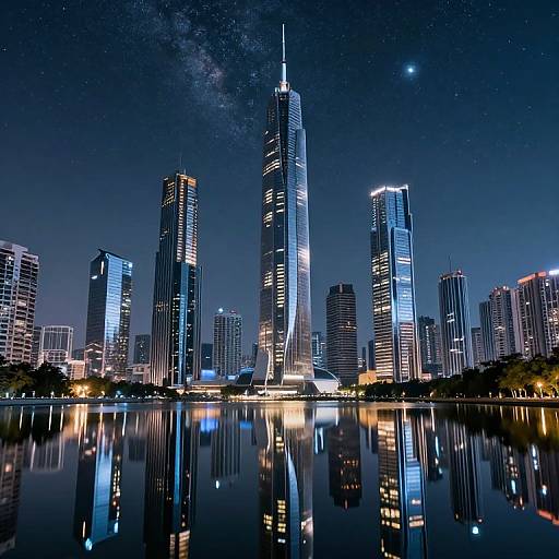Photograph of a futuristic city skyline at night, featuring illuminated skyscrapers reflecting in a calm, dark water body, with a starry sky and