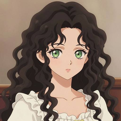 Anime-style drawing of a young woman with long, wavy black hair, green eyes, and a white ruffled shirt, looking forward.