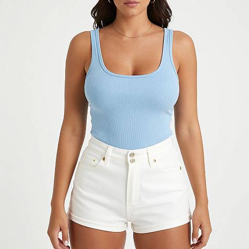 Photograph of a woman with medium skin tone, wearing a light blue ribbed tank top and white high-waisted shorts, against a white background