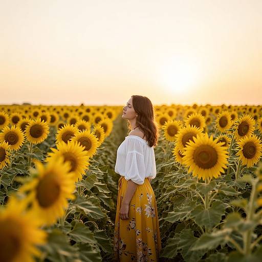 Photograph of a woman with wavy brown hair, wearing a white off-shoulder blouse and yellow floral dress, standing in a sunlit sun