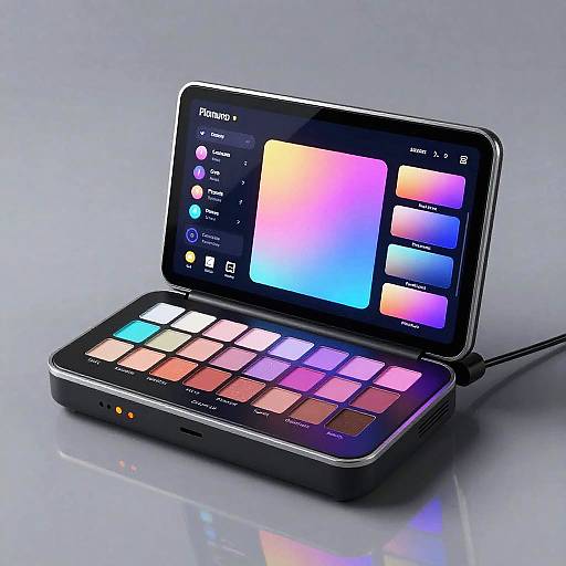 Photograph of a portable, color palette display with an open, black, touchscreen interface showing various color swatches and app icons on a reflective, gray