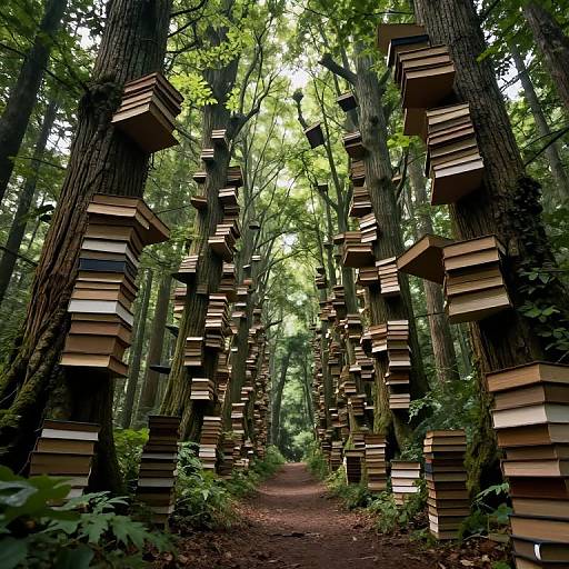 Photograph of a forest path flanked by tall trees adorned with numerous stacked, beige and brown books, creating a surreal, literary landscape.