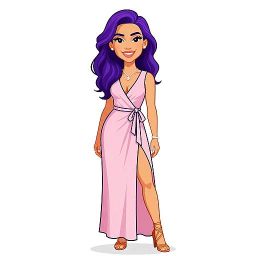 Digital illustration of a smiling woman with long purple hair, wearing a pink, sleeveless, V-neck dress with a side slit, and brown sandals.