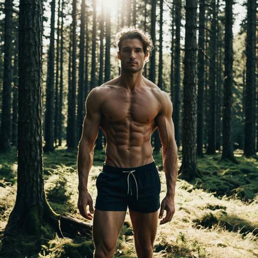Wiry Lean Man Standing in Sunlit Forest