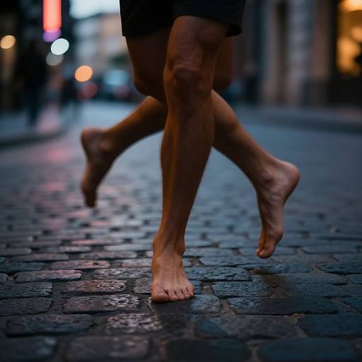 Photograph of bare feet crossing a wet, cobblestone street at night, with blurred city lights and neon signs in the background.