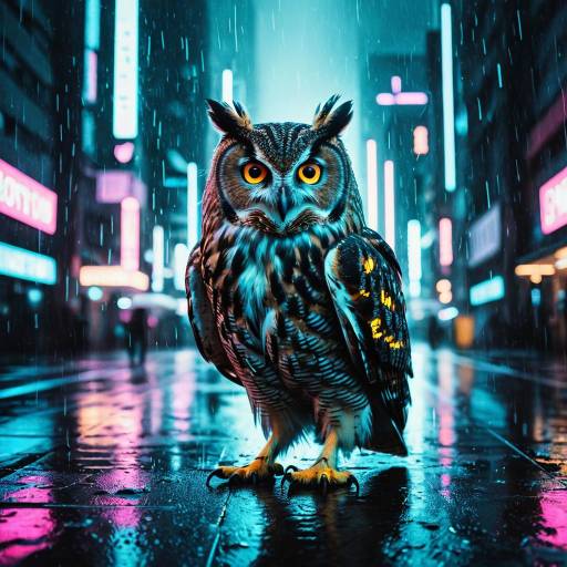 Neon Owl in Rainy Cyberpunk City