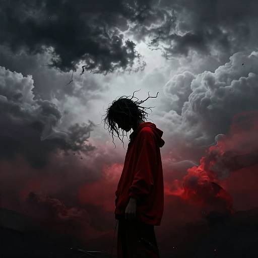 Silhouetted figure with messy hair stands against dramatic, cloud-filled sky. Red and black hues dominate, moon hidden by clouds. Digital art.