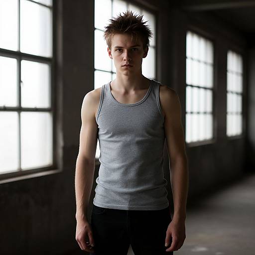 Photograph of a muscular, young man with spiky brown hair, wearing a gray tank top and black pants, standing in a dimly lit industrial