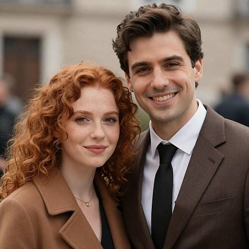 Photograph of a smiling couple; red-haired woman with curly hair in a brown coat, dark-haired man in a black suit and tie, standing close
