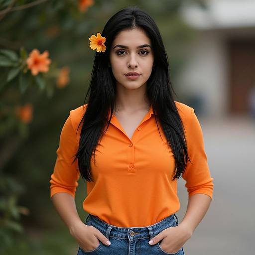 Photograph of a young woman with long black hair, wearing an orange long-sleeve shirt and blue jeans, with an orange flower in her hair