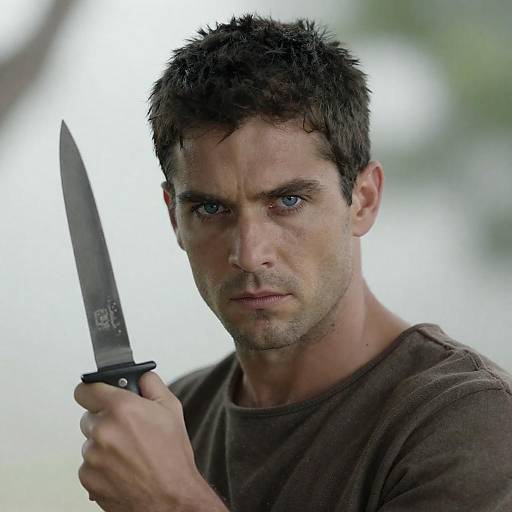 Man with Knife and Intense Blue Eyes