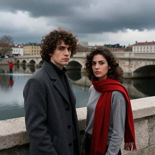 Curly Haired Couple on Stone Bridge